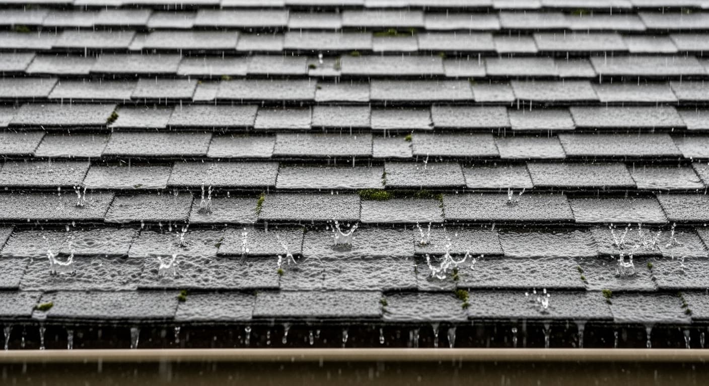 Heavy rain falling on asphalt shingle roof during Pacific Northwest storm